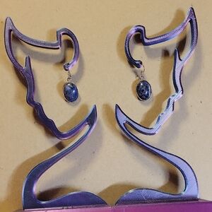 Blue Stone Peirced Dangle Earrings On Silver Hooks Handmade & Upcycled W/ Resin